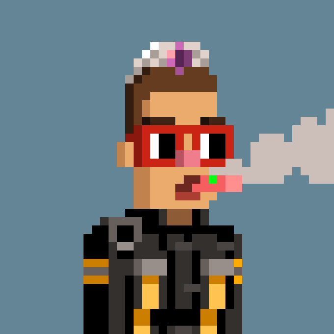 A pixel art illustration of a CypherPunk character wearing a tiara, red glasses, and a dark outfit, smoking a cigarette with a green ember against a blue background, representing the NFT CypherPunk #61 that was sold for 0.25 ETH as mentioned in the post.