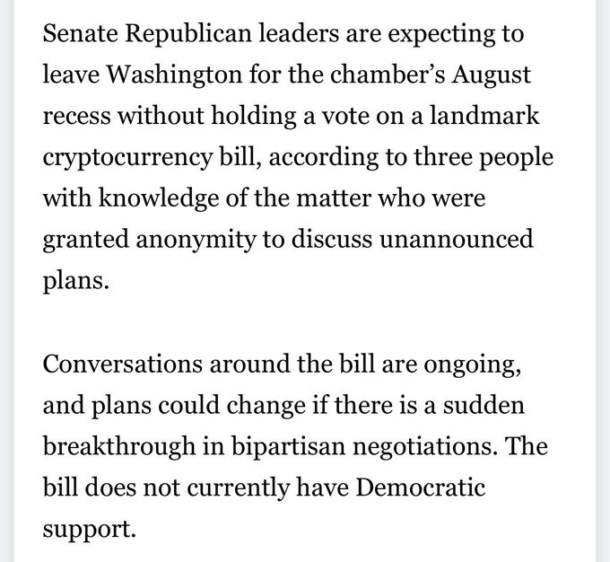 A screenshot of a news article reporting that Senate Republican leaders expect to leave Washington for August recess without holding a vote on a landmark cryptocurrency bill, citing anonymous sources and noting the bill lacks Democratic support—aligning with the post's claim that the Senate won't vote on the CLARITY Act before the summer recess due to insufficient bipartisan backing.