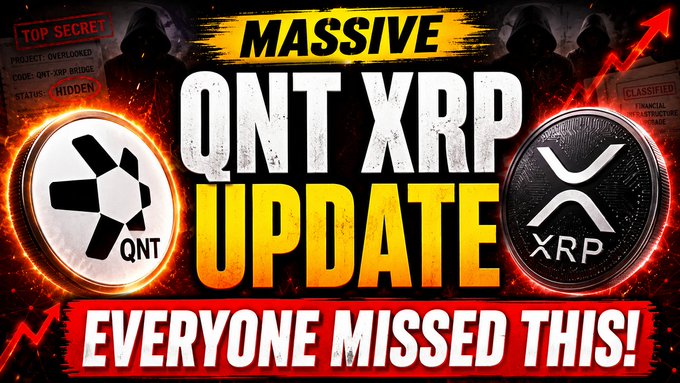 The image is a YouTube thumbnail featuring bold text that reads "MASSIVE QNT XRP UPDATE" and "EVERYONE MISSED THIS!" alongside the QNT (Quant) and XRP cryptocurrency logos, designed in a dramatic style with red arrows, a "TOP SECRET" stamp, and shadowy hooded figures in the background, visually promoting the video's announcement of an important development involving these two crypto assets.