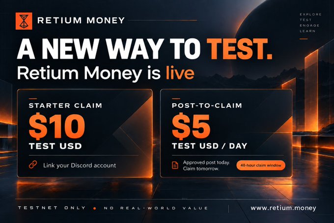A promotional graphic for Retium Money announces "A NEW WAY TO TEST" with a "$10 STARTER CLAIM" and "$5 POST-TO-CLAIM TEST USD/DAY" offer, noting it is "TESTNET ONLY - NO REAL-WORLD VALUE."