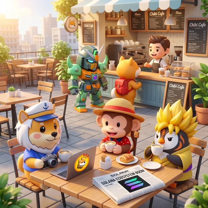 A whimsical 3D-rendered scene of various anthropomorphic characters, including a dog, monkey, and bird, gathered at a table in a cafe labeled 'Chibi Cafe' with a robot and chef in the background.