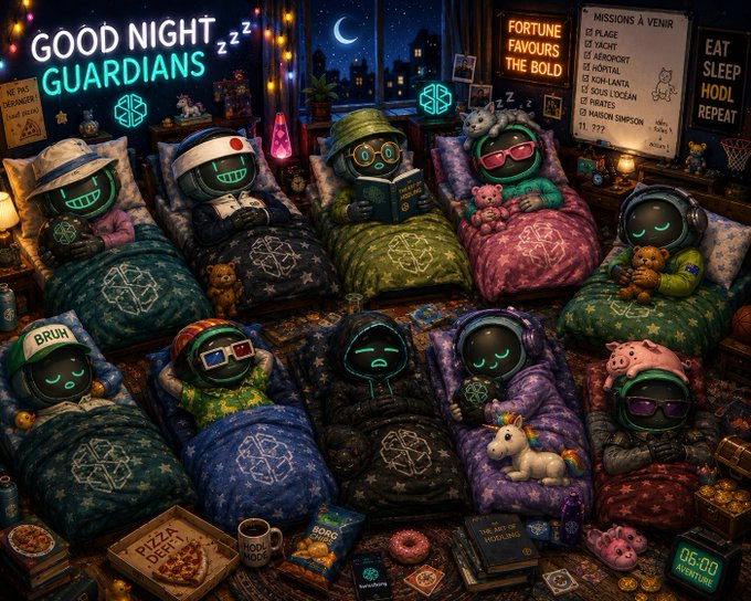 A colorful, detailed illustration titled 'Good Night Guardians' depicting various cute robot-like characters sleeping in a cozy, decorated room.