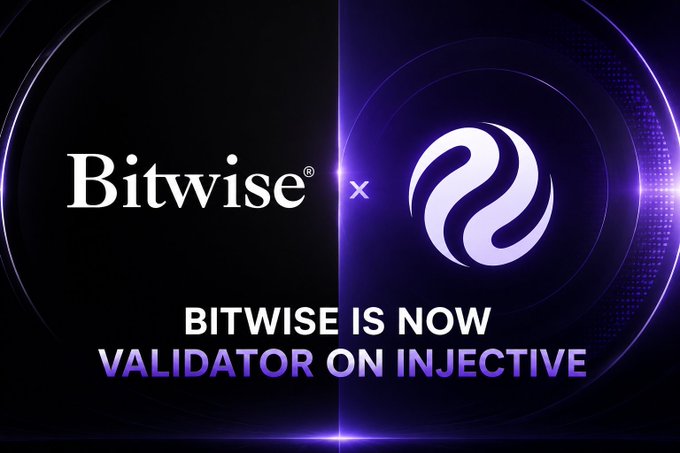 Promotional banner announcing 'BITWISE IS NOW VALIDATOR ON INJECTIVE' featuring the Bitwise logo alongside the Injective symbol on a dark purple background.