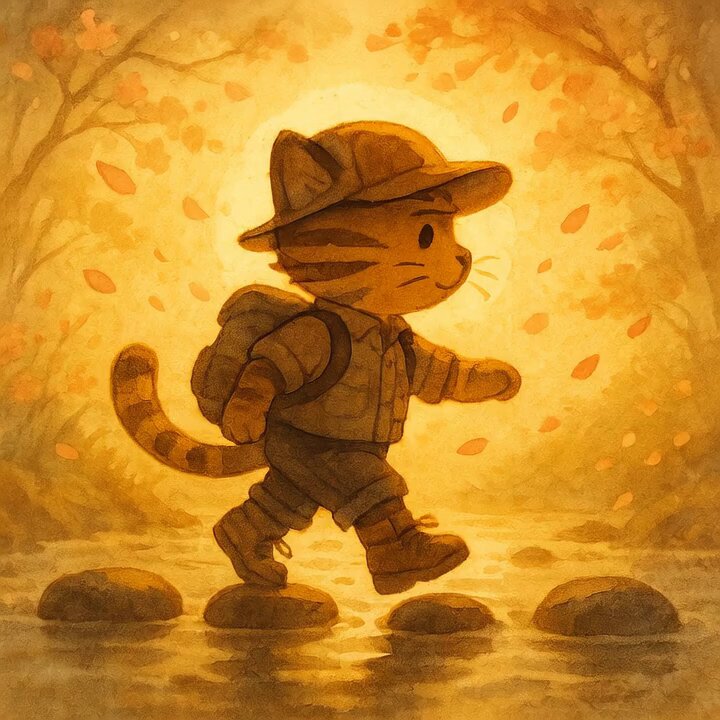 The image features a cartoon cat walking across rocks, with leaves falling from trees around him. The background of the image shows a sunset over water, creating an autumnal atmosphere. The caption "Effortlessly thriving in bloom" suggests that the scene is inspired by nature and the beauty of the changing seasons.
