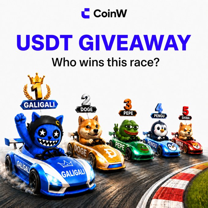 CoinW's "USDT GIVEAWAY" promotion features a race between five crypto mascots—GALIGALI (#1), DOGE (#2), PEPE (#3), PENGU (#4), and SHIBA (#5)—asking followers to predict the winner for a chance to win USDT.