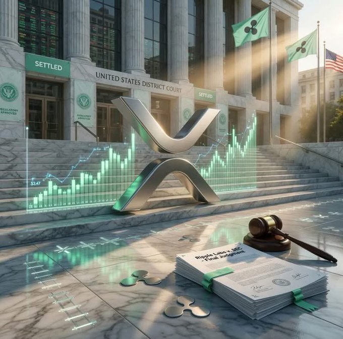 A stylized illustration depicts the United States District Court building with a large metallic XRP (Ripple) logo on the steps, accompanied by a stock chart, a gavel, legal documents referencing 'Ripple Sales v. SEC', and Ripple flags.