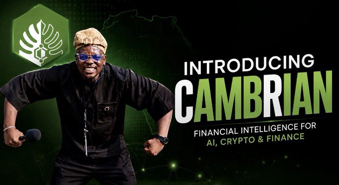 A promotional graphic features a man wearing a cap and sunglasses holding a microphone, next to text reading 'INTRODUCING CAMBRIAN FINANCIAL INTELLIGENCE FOR AI, CRYPTO & FINANCE' alongside a green leaf-like logo.