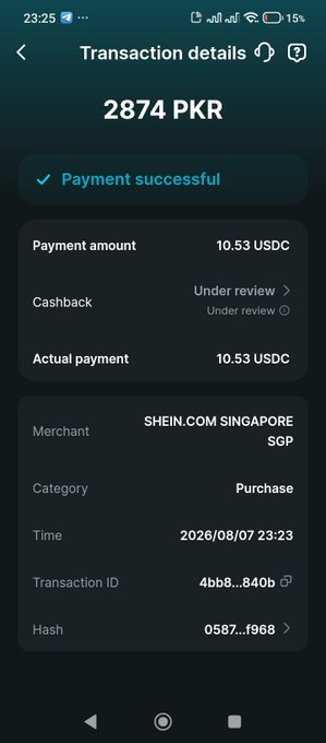 A mobile screenshot of transaction details showing a successful payment of 2874 PKR (10.53 USDC) to SHEIN.COM SINGAPORE SGP, dated 2026/08/07 23:23, with transaction ID 4bbb...840b and hash 0587...f968.