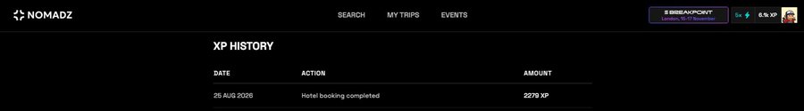 A screenshot of the NOMADZ website showing an XP History section, with an entry for 25 AUG 2026 for 'Hotel booking completed' awarding 2270 XP.
