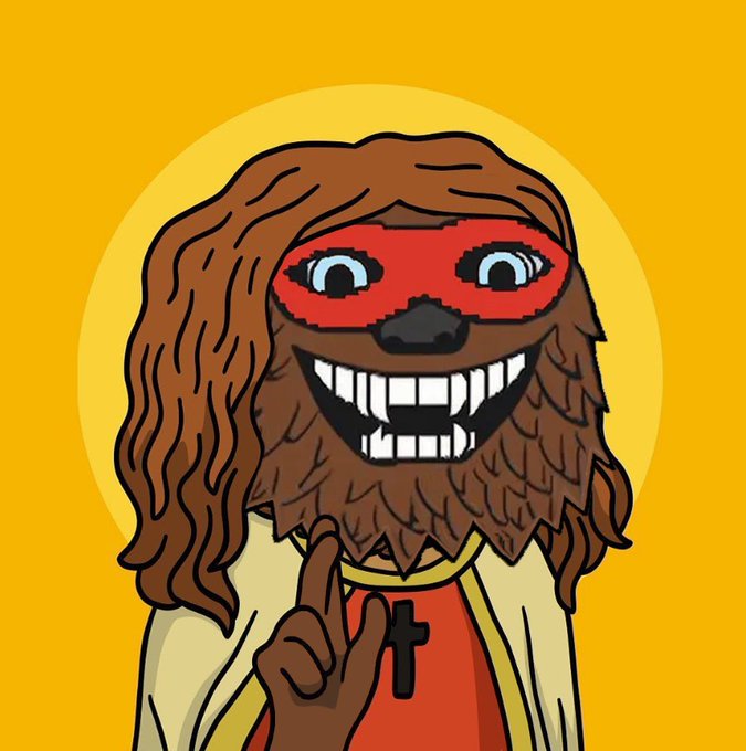 A cartoon illustration depicts a figure with long brown hair and a beard, wearing a red mask and a robe with a cross necklace, pointing upward against a yellow background.
