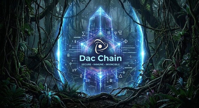 A glowing blue hexagonal "Dac Chain" logo, tagged "SECURE · IMMUNE · INVINCIBLE," is encircled by cryptic symbols and surrounded by dense, shadowy jungle vines—visually echoing the post's claim that Dac Chain's quantum protection forms an impenetrable shield, much like the unyielding wilderness around it.