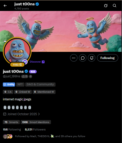 The image shows a social media post with a pink background featuring two cartoon characters, one of which has wings. The post includes text that reads "Just Toons" and "Follow me @breyonchain @Tma_420 @CrypSaf Cho vào wailist đi ae". The post also contains a list of followers who have liked the post or followed it, with their names and counts.