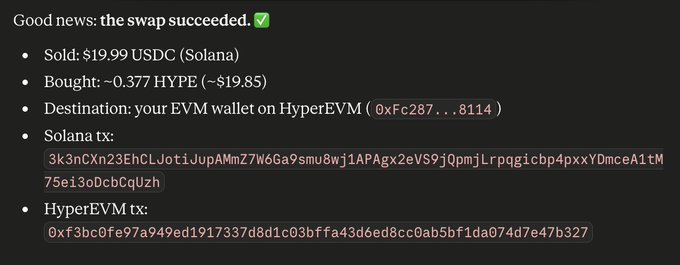 A notification showing a successful cross-chain swap of $19.99 USDC on Solana for 0.377 HYPE (~19.85) sent to an EVM wallet on HyperEVM, with both Solana and HyperEVM transaction hashes displayed, demonstrating the easy SOL-to-EVM transaction flow recommended for PayBox.