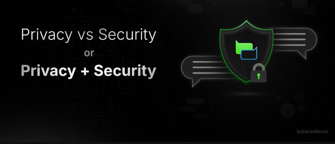 The image features a dark background with the text "Privacy vs Security or Privacy + Security," alongside a green shield icon containing chat bubbles and a padlock symbol. It visually reinforces the post's message about Beldex Browser's commitment to combining privacy and security, showing how the browser integrates both concepts rather than treating them as trade-offs.