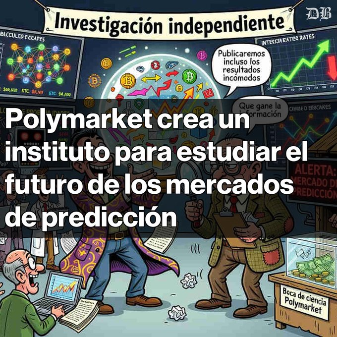 A Spanish-language news graphic with cartoon illustrations stating 'Polymarket crea un instituto para estudiar el futuro de los mercados de predicción' (Polymarket creates an institute to study the future of prediction markets).