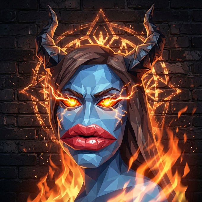 A blue-skinned, horned demoness with glowing fiery eyes, cracked lips, and a geometric crown of flames emerges from a dark brick wall. The intense, infernal imagery evokes the "burning" or "fire" theme often associated with the ticker $CAG, suggesting a powerful, hellish market presence or volatility.