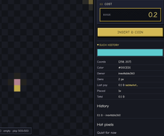 A screenshot of a dark-themed game interface featuring a small pixelated block character, with player stats on the right and chat logs at the bottom left.