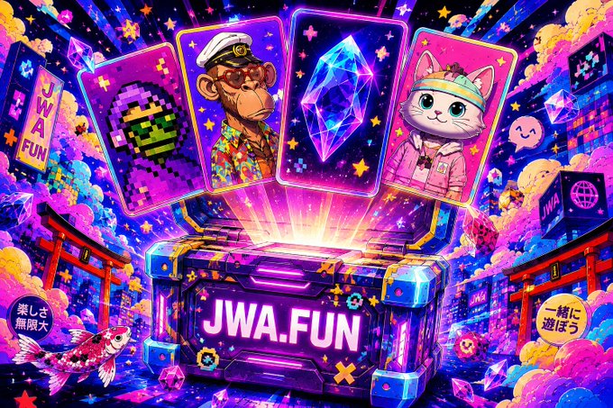 A vibrant, neon-colored digital artwork shows a glowing "JWA.FUN" treasure chest overflowing with collectible NFT cards—including a Bored Ape, a crypto gem, and a pixel character—alongside Japanese torii gates and koi fish. Japanese text bubbles reading "楽しみ無限大" (Infinite Fun) and "一緒に遊ぼう" (Let's Play Together) reinforce the gamified, accessible entry into NFT collecting that the post describes.