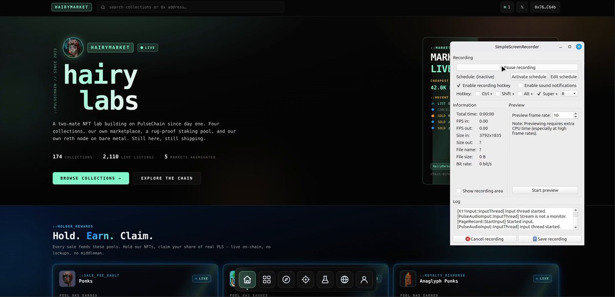 The image shows a screenshot of a computer screen displaying a webpage from the HairyLab's social media account called "Hairy Labs". The content on the page reads, "HairyLabs.io is now live - the first NFT aggregator on PulseChain! Explore collections, buy across multiple marketplaces, and enjoy royalty rates capped at 100%!". This page may contain information about the NFT collection or a platform for purchasing NFTs from various markets, as indicated by the title of the webpage.