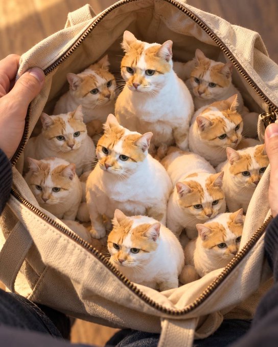 A canvas duffel bag is unzipped to reveal a large cluster of orange and white cats huddled together inside.