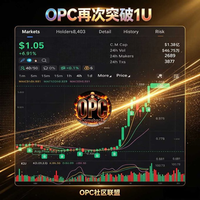 A promotional graphic for OPC token showing a price chart with the headline 'OPC再次突破1U' (OPC breaks 1U again), displaying $1.05 price (+6.91%), 8,403 holders, and 'OPC Comeback' branding with 'OPC社区联盟' at the bottom.