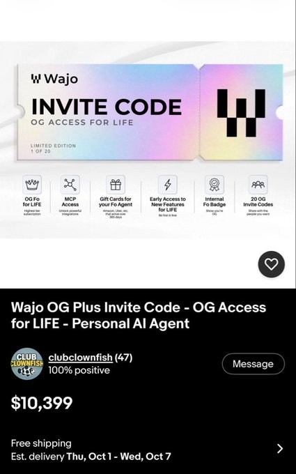 A screenshot of an eBay listing titled "Wajo OG Plus Invite Code - OG Access for LIFE - Personal AI Agent" priced at $10,399, with the accompanying post noting that bidding on the invite code for Wajo's exclusive personal AI assistant, Fo, has reached $10.3K on the platform.
