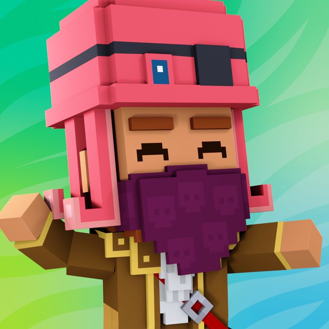 A 3D voxel-style character with pink blocky hair, a beard, and brown clothing stands against a vibrant green and blue swirled background.