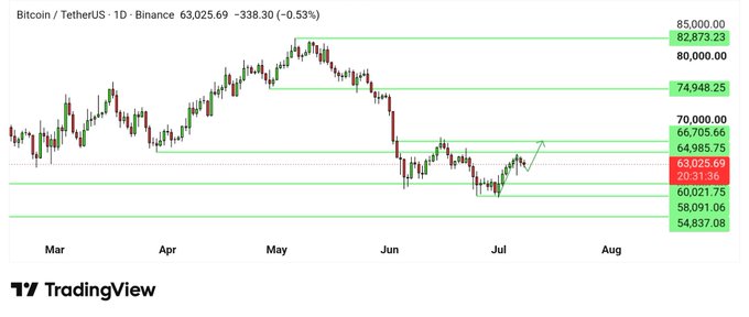 A Bitcoin/TetherUS daily chart on Binance shows BTC trading at $63,025.69, down 0.53%, with key resistance levels at $64,985.75 and $66,705.66, and support at $60,021.75. The chart illustrates the post's bullish outlook, showing recent retracement from May highs near $74,948 toward current levels, with expectations of a move back to 65k or higher.