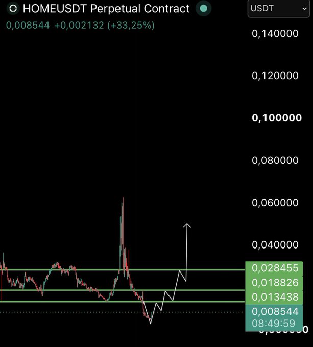A candlestick chart of the HOME/USDT Perpetual Contract shows the price at 0.008544, up +0.002132 (+33.25%), with a white hand-drawn arrow illustrating a V-shaped recovery from the lows toward key resistance levels at 0.018826 and 0.028455, visually reinforcing the post's celebration of a 66% gain from the trader's entry.
