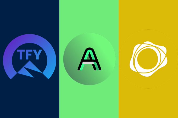 Three colorful logo designs are displayed on navy blue, green, and yellow backgrounds, with the leftmost showing "TFY" inside a circular blue gradient design.