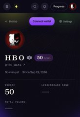 Screenshot of a mobile app profile page for 'HBO' (@HBO_data) showing 50 progress points and noting 'No clan yet' since Sep 28, 2026.