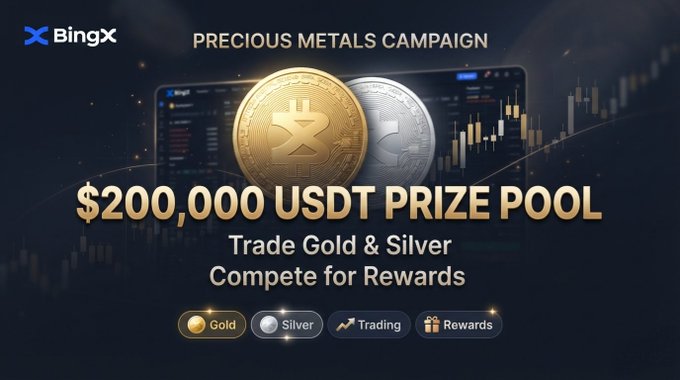 A BingX promotional banner for a 'Precious Metals Campaign' featuring a $200,000 USDT prize pool, gold and silver coin graphics, and trading dashboard elements in the background.
