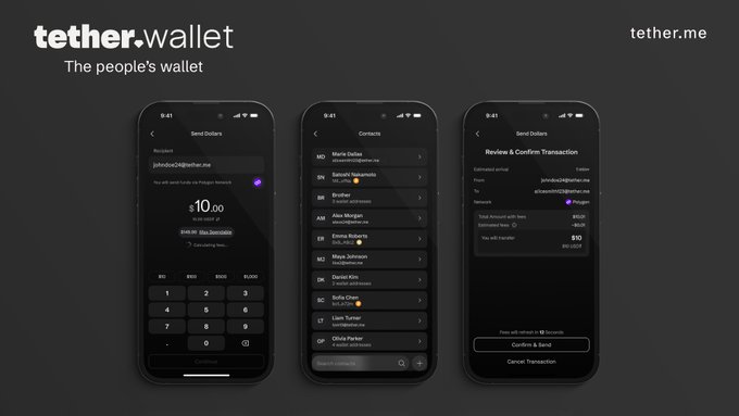Three iPhone mockups display the Tether Wallet app's streamlined send flow on a dark background, showing a $10.00 USD₮ transfer from "johndoe24@tether.me" to "johndoe25@tether.me" across three screens: entering the amount, selecting "Maria Oribe" from contacts, and reviewing the 0% fee transaction before confirmation. The promotional image reinforces the post's message about the wallet's simple, fast, and uncluttered user experience with its tagline "tether.wallet - The people's wallet."