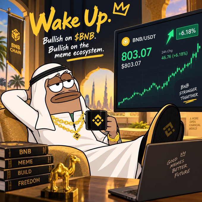 A cartoon illustration of a wealthy figure in traditional Middle Eastern attire lounging with a BNB Chain mug, with a monitor showing BNB/USDT at $803.07 (+6.18%), books labeled 'BNB, MEME, BUILD, FREEDOM,' and text reading 'Wake Up. Bullish on $BNB. Bullish on the meme ecosystem.'
