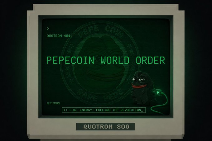 A retro computer monitor graphic displaying 'PEPE COIN WORLD ORDER' with a Pepe the Frog character plugged into an outlet and the text '>> COAL ENERGY: FUELING THE REVOLUTION_' at the bottom.