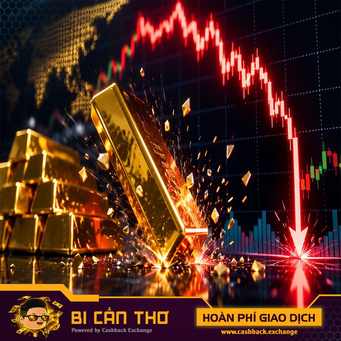 A promotional graphic from CASHBACK EXCHANGE (BÍ CÂN THƠ) showing gold bars with a declining red stock chart in the background, advertising transaction fee refunds.