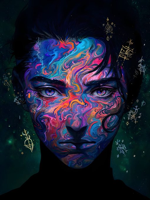 A vibrant digital art portrait of a person with dark hair whose face is painted in swirling multicolored (blue, pink, orange, purple) psychedelic patterns, surrounded by a dark green cosmic background with floating runic/symbolic glyphs.
