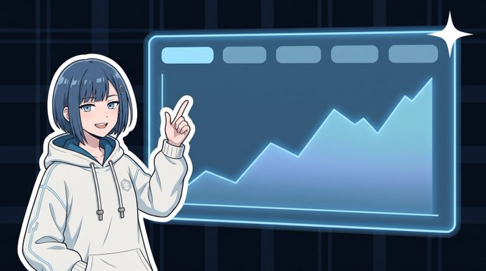 Anime-style illustration of a girl with blue hair in a white hoodie pointing at a rising stock chart displayed on a screen with a grid background.