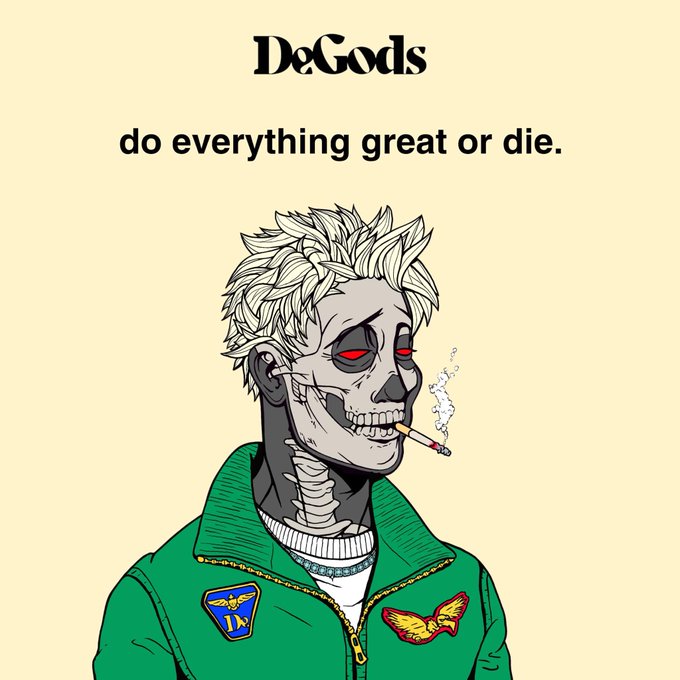 An illustration of a skeletal figure with messy hair and red glowing eyes, smoking a cigarette, wearing a green jacket with patches, under the text 'DeGods' and 'do everything great or die.'