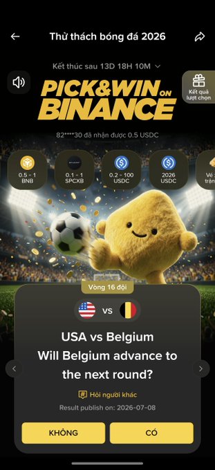 A Binance 'Pick & Win' football prediction screen for the 2026 World Cup, asking whether Belgium will advance past USA in Round of 16, with options 'KHÔNG' (No) and 'CÓ' (Yes).