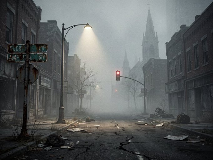 A foggy, abandoned urban street scene featuring a glowing streetlamp, a red traffic light, a distant church with a tall steeple, scattered debris, a partially visible sign reading 'CRT' and 'AME', and a bicycle lying on its side.