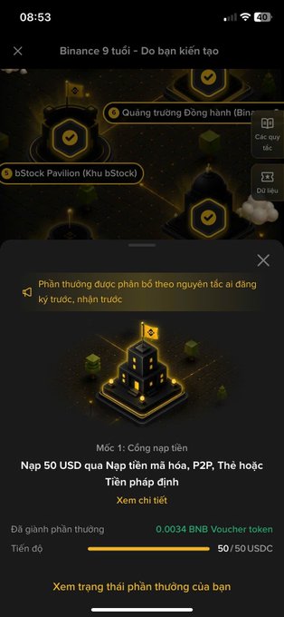 Binance 9th anniversary promotional screen ('Binance 9 tuổi - Đo bạn kiến tạo') showing a reward task to deposit 50 USDC to earn 0.0034 BNB voucher token, with 50/50 USDC progress.