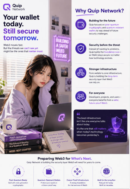 A promotional infographic for "Quip Network" features a young woman at a laptop alongside text about "Your wallet today. Still secure tomorrow," highlighting four key benefits: Building for the future, Security before the threat, Stronger infrastructure, and For everyone. The image directly supports the post's message about future-proofing crypto wallets by visually promoting Quip Network as the security layer Web3 will need to withstand evolving technological threats like quantum cryptography.