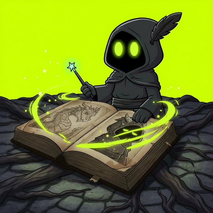 A hooded figure with glowing green eyes and a feather in its cloak casts magic from a wand over an open spellbook featuring dragon illustrations, surrounded by green magical energy and set on a cracked stone surface. The image visually represents the mysterious, magic-themed branding of the $HOODINI memecoin, tying into the post's announcement of building a community through PFPs on Robinhood and OpenSea.