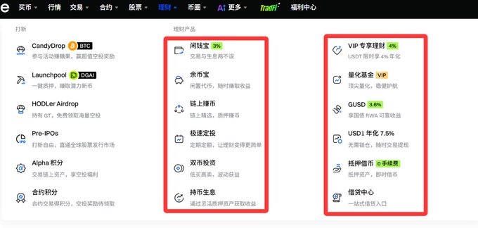 A cryptocurrency exchange platform interface, likely HTX, displays various financial products in Chinese, including CandyDrop, Launchpool, ETH staking, and VIP exclusive benefits with 4% returns.