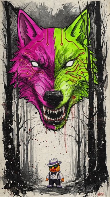 A menacing wolf head, split between magenta and green with circuit board designs, looms over a small orange cat character wearing a purple hat and suspenders in a desolate forest.