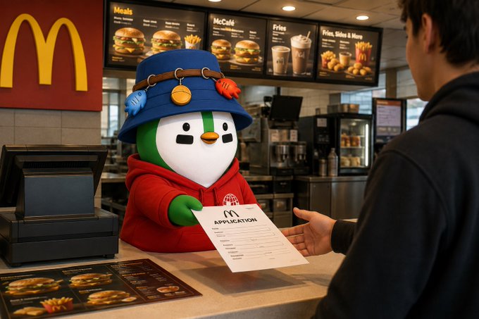 A McDonald's mascot character wearing a red hoodie and a blue bucket hat with fish lures, handing a job 'APPLICATION' form to a customer across the counter, with menu boards for 'Meals', 'McCafé', 'Fries', and 'Pies, Sides & More' visible behind.