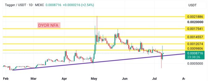 A 1-day candlestick chart of Tagger/USDT (Ticker: TAG) on MEXC, showing a price of 0.0008716 (+2.54%), with horizontal resistance levels marked at 0.0021886, 0.0020000, 0.0017541, 0.0014557, 0.0012074, and support at 0.0009806, alongside an ascending trendline that illustrates the "decisive point" mentioned in the caption as TAG defends its rising structure following a recent shakeout and recovery.