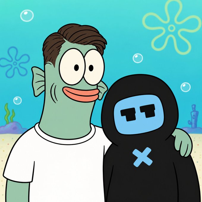 A cartoon-style illustration of a green fish-like character with brown hair in a white t-shirt hugging a black Among Us character with a blue visor and an 'X' on its body, set against an underwater background.