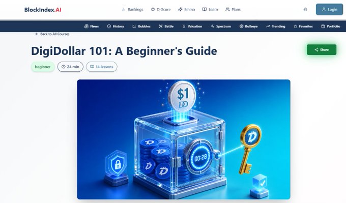 A screenshot of a BlockIndex.AI webpage titled 'DigiDollar 101: A Beginner's Guide,' tagged as a beginner course of 24 minutes and 14 lessons, with a 3D illustration of a transparent vault containing a $1 DigiDollar token and a digital key.